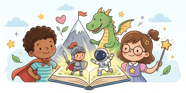 Children exploring a magical storybook